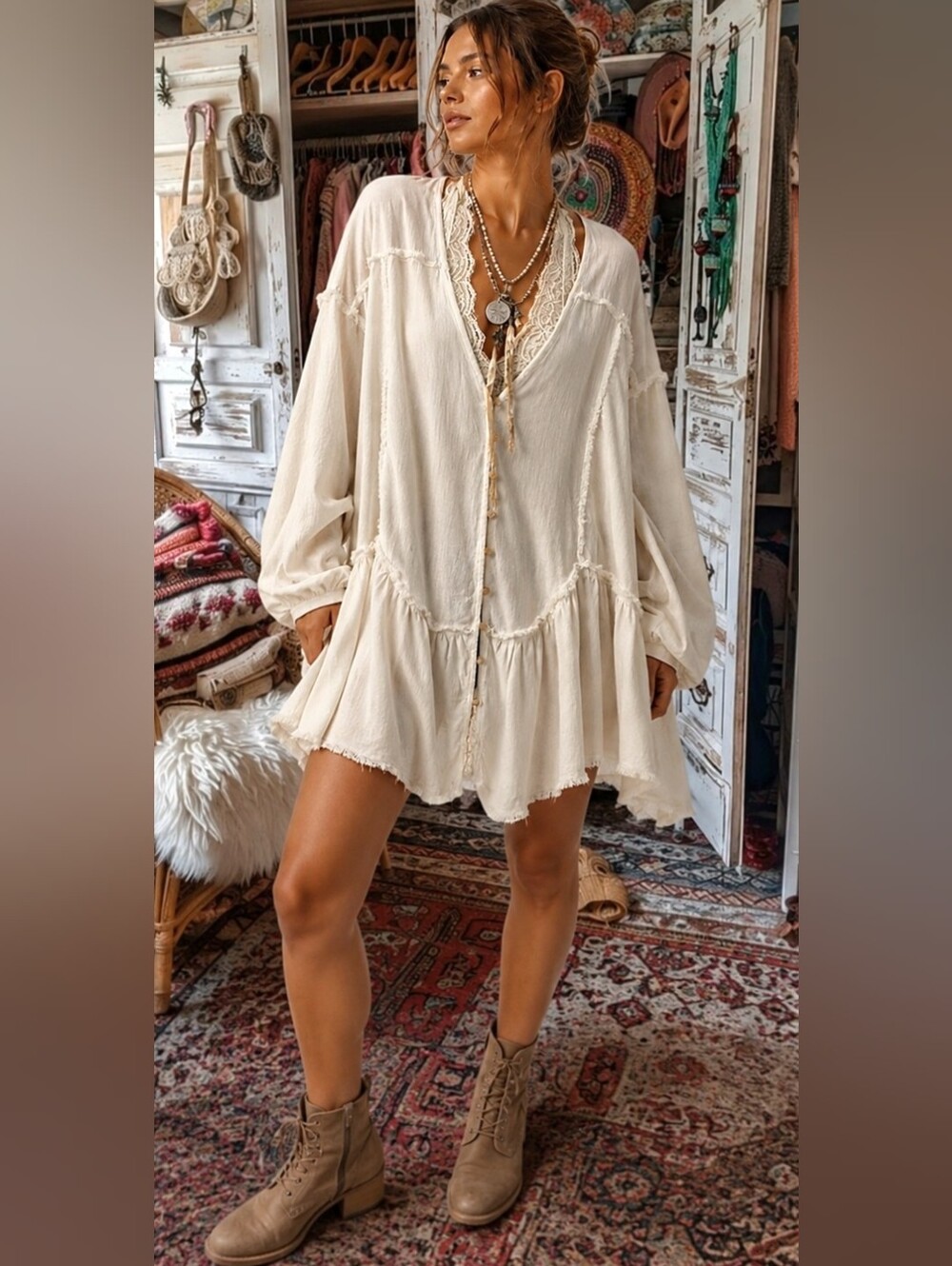 Bohemian Free Style Boho Cream Peasant Button-Front Tunic Top Shirt Dress L NWOT